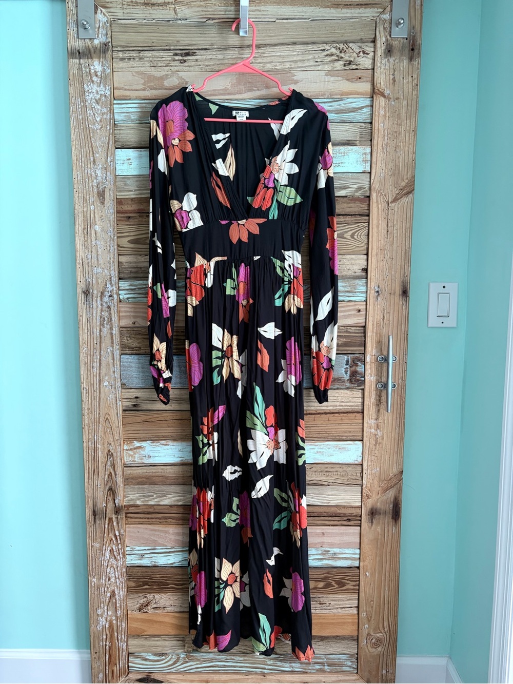 Billabong Night Bloom Floral Maxi Dress S Black Long Sleeve Rare Hard to Find